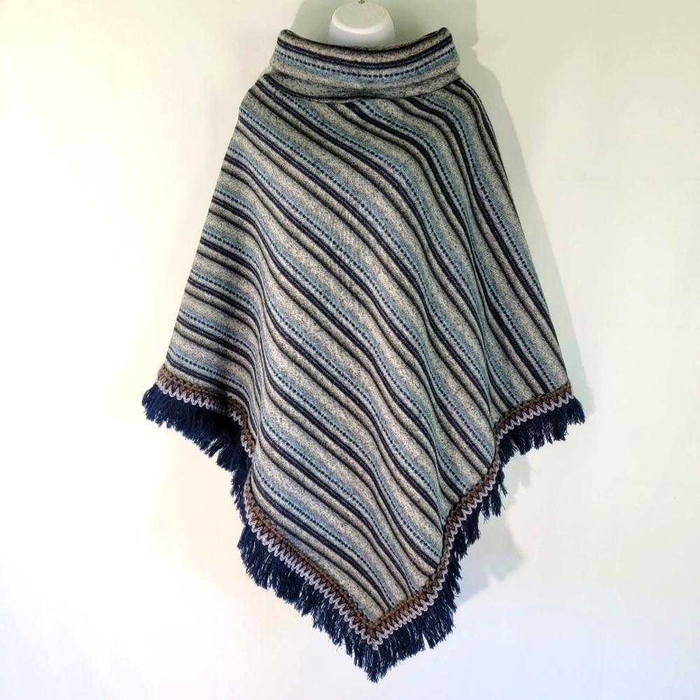 Women's Southwestern Boho Blue/Gray Striped Turtleneck Poncho One Size Fringed - Picture 10 of 10